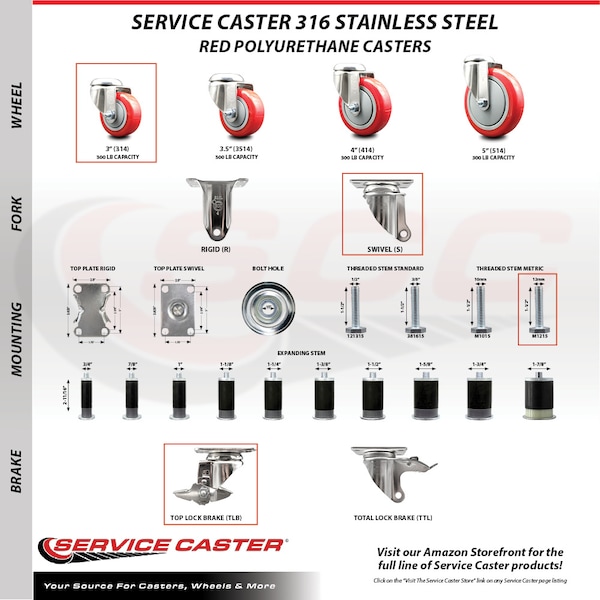 Service Caster 3 Inch 316SS Red Polyurethane Swivel 12mm Threaded Stem Caster Brake, 2PK SS316TS20S314-PPUB-RED-M1215-2-TLB-2 - main